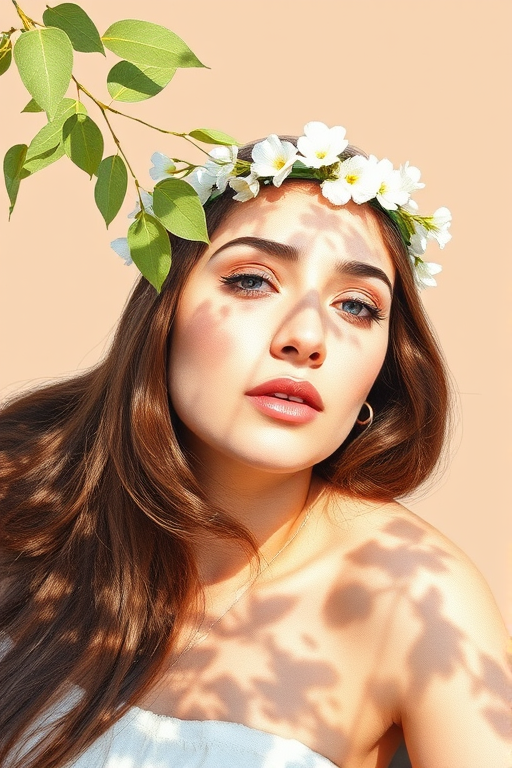 create a watercolor painting of an ethereal portrait of beautiful Druze woman with a simple white flower crown on her head. Her hair is long and she is lying on the ground. The sunlight on the trees casts shadows from the leaves on her face and body. The background is a neutral brown color that matches her skin tone. The image is minimalist and solid colors. This style is characterized by soft, delicate brushstrokes and a light, airy, contrasting color palette. High level of detail and play of light
