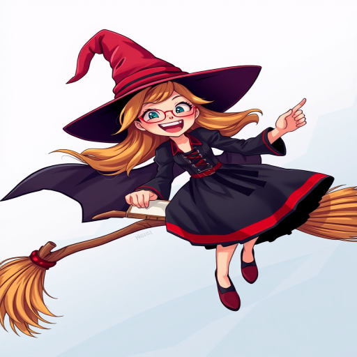 A colorful illustration of a witch flying on a broomstick with a playful expression, wearing a black and red dress with lace-up details, high-resolution, shot with a Canon EOS R5, 50mm lens, f/2.8 aperture, natural light, vibrant colors and sharp details.