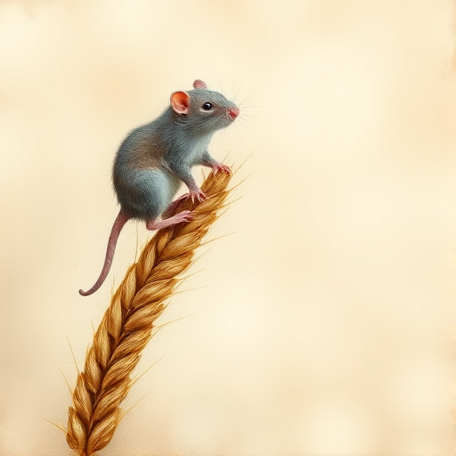 Soft, muted Alcohol Ink with ebru effect background image of tiny whimsical rat, who climbed high on the top of a golden rye ear.