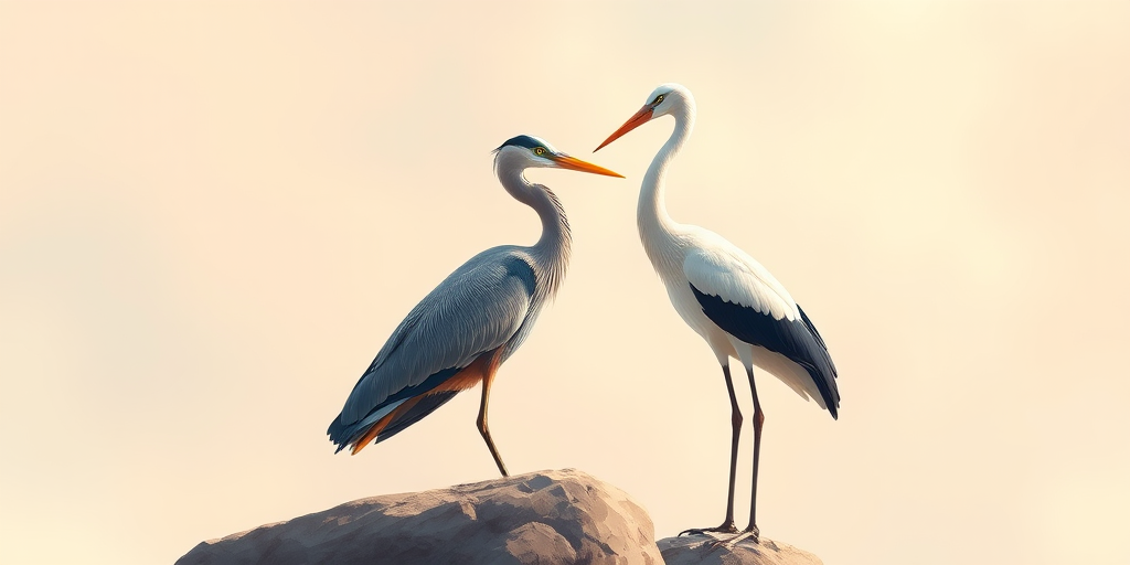 Create a highly detailed illustration of a heron and a crane standing on a rock, with a soft pastel background, using a digital art style, simulated Canon EOS R5 with a 50mm lens, f/1.8 aperture, 1/200s shutter speed, and a soft-focus effect to enhance depth and texture.