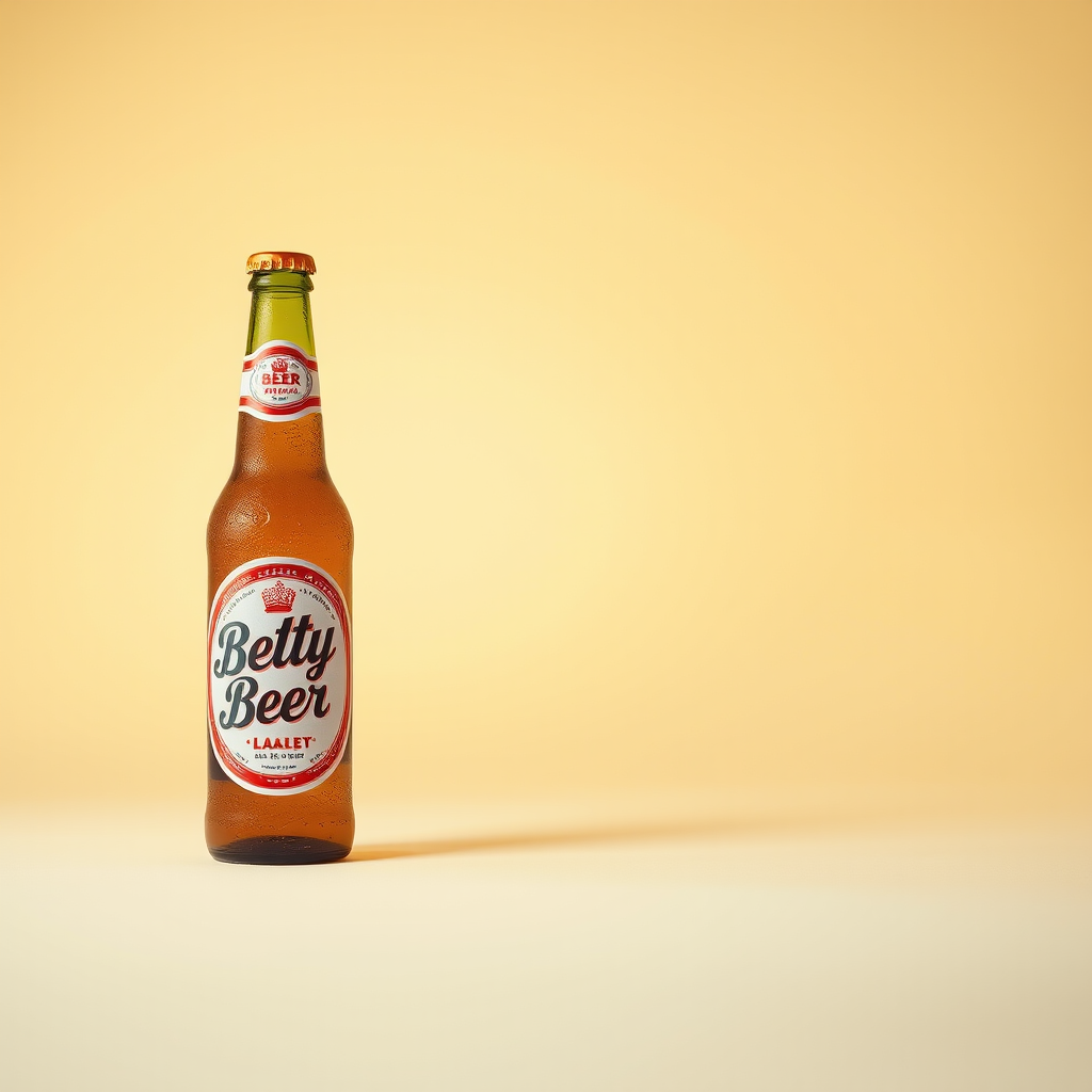 Generate a high-resolution image of a bottle labeled "Betty Beer" on a plain background, using a Canon EOS 5D Mark IV with a 50mm f/1.8 lens, aperture set to f/2.8, ISO 100, and a slight vignette effect for focus enhancement.