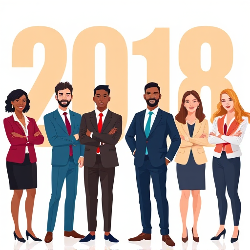Create a digital illustration featuring six diverse business professionals standing confidently, with the year "2018" in large bold letters behind them, use a vibrant color palette, employ a flat design style, shot from a frontal view with a 35mm lens at f/8 for a clear depth of field, in a vector art style for sharp edges and high resolution.