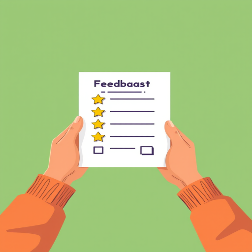 Create an illustration of a person holding a feedback form with yellow stars and a checked box on a green background, using a Canon EOS R5 camera, 50mm lens, f/1.8 aperture, ISO 100, and a slightly elevated angle for a dynamic perspective.