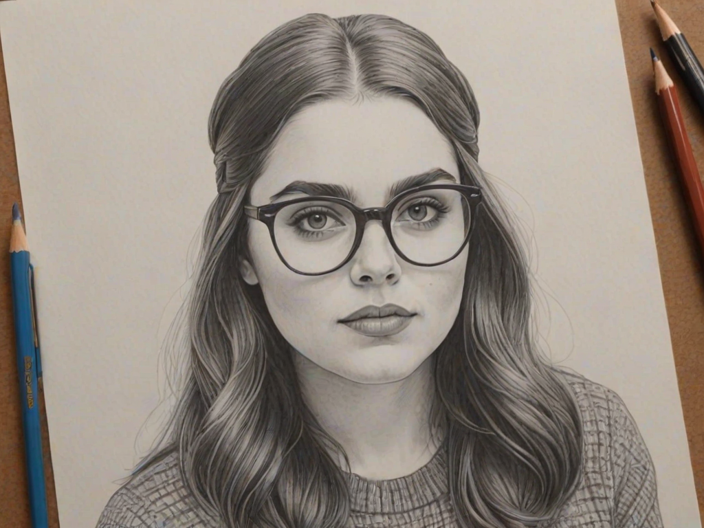 Magnificent Beanie Feldstein, pencil sketch, portrait of Stunning woman 1968s in glasses, hair style beatnik, outline, clear lines, fine lines, 8k