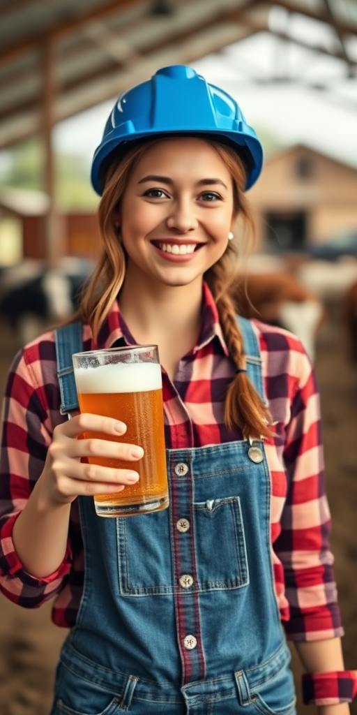 A cheerful woman in a blue hard hat holding a frothy beer, wearing a red plaid shirt and denim overalls, standing in a farm setting with barns and cows in the background, soft focus, portrait orientation, 50mm lens, f/1.8 aperture, natural lighting, high-resolution image.