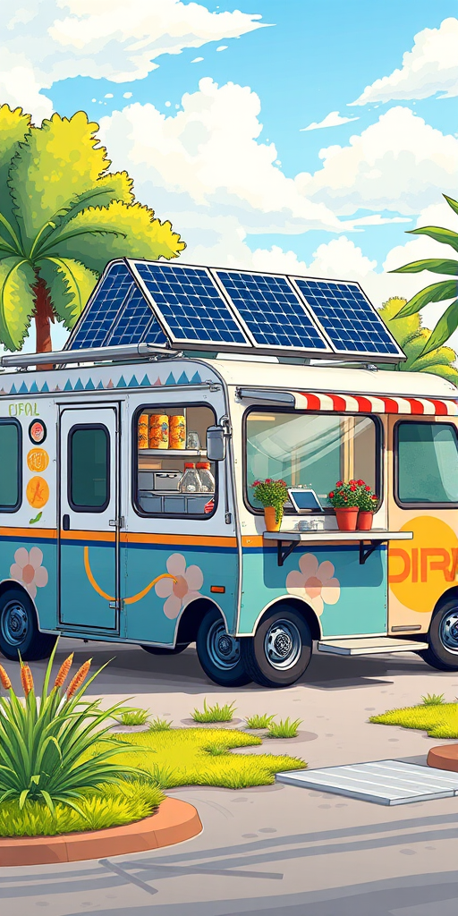 create a detailed, high-resolution vector illustration of a food truck with solar panels on the roof, showcasing vibrant colors and clear lines, using a DSLR camera with a 50mm lens, aperture set to f/8 for sharpness, ISO 100 for clarity, and shooting at eye level for a realistic perspective.