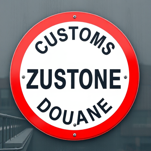 Create a high-resolution image of a circular customs sign with a bold black line and the words ZOLL and DOUANE in uppercase on a white background, surrounded by a thick red border, captured with a DSLR camera at f/8 aperture, ISO 100, 24mm lens, with natural daylight from a 45-degree angle to enhance clarity and sharpness.