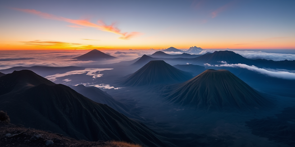Capture a breathtaking landscape of a volcanic mountain range during sunrise with soft mist, using a Canon EOS R5, 24-70mm lens, aperture f/8, ISO 100, shutter speed 1/125s, in a wide-angle view for enhanced depth and detail.