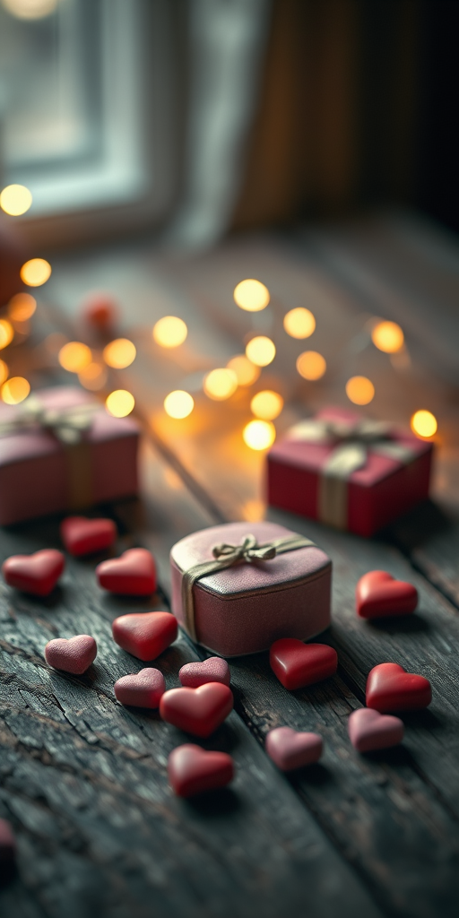 Capture a romantic still life of heart-shaped boxes and candy scattered on aged wooden surface, soft focus with warm fairy lights in the background, aperture f/2.8, ISO 200, shutter speed 1/60s, using a DSLR camera with a 50mm lens, in a moody, atmospheric style.