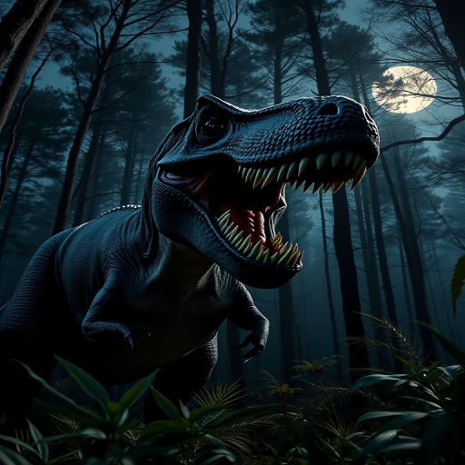 Create a high-resolution image of a roaring dinosaur in a dense, dark forest with soft moonlight filtering through the trees, using a DSLR camera with an aperture of f/2.8, ISO 400, and a focal length of 50mm, shot from a low angle to emphasize the dinosaur's size and power, in vivid detail with high dynamic range.