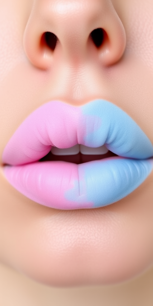 Whimsical "Cotton Candy Cloud" lip look blends pastel pink and blue hues in a soft, diffused ombre, reminiscent of fluffy carnival treats and ideal for playful, dreamy makeup looks
