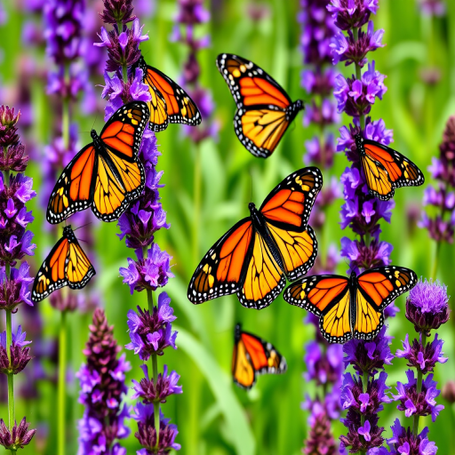 Generate an image of vibrant monarch butterflies resting on tall purple flowers in a lush garden setting. Include multiple butterflies in different positions, showcasing their distinctive orange and black wings against the green background.