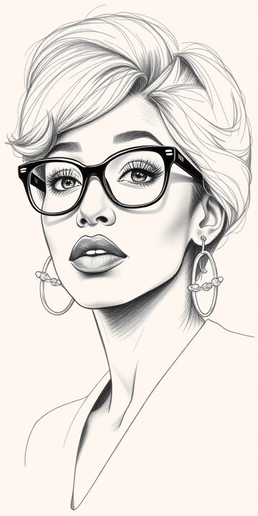 Beautiful Viola Davis, pencil sketch, portrait of beautiful woman 60s in glasses, hair style beatnik, outline, clear lines, fine lines, 8k