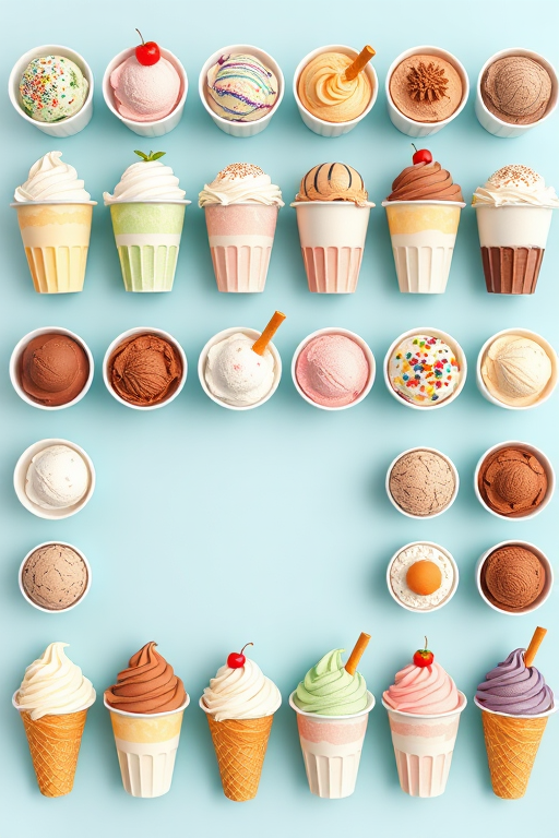 Create a vibrant illustration of assorted ice cream cups arranged in two rows, showcasing a variety of flavors and toppings, captured with a DSLR camera at f/4, ISO 200, 50mm lens, natural light, top-down view for clarity and detail.