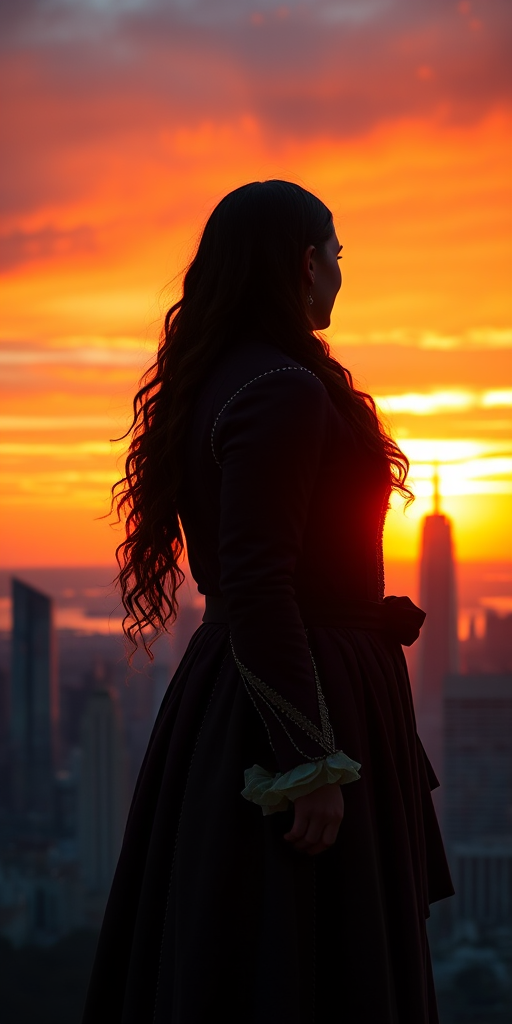 Create a high-resolution image of a historical figure with long hair dressed in 18th-century attire, silhouetted against a vibrant sunset over a modern skyline featuring skyscrapers, using a Canon EOS R5 with a 50mm f/1.2 lens, aperture set to f/2.8, ISO 100, and captured from a low angle to emphasize the figure against the backdrop.