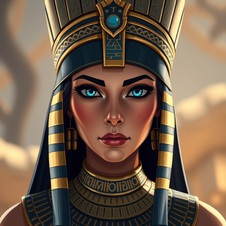 Regenerate an illustration of an ancient Egyptian queen with a headdress, blue eyes, and a detailed collar, shot in high resolution with a DSLR camera at f/1.8, 50mm lens, soft natural lighting, and a slightly blurred background to enhance focus on the subject.