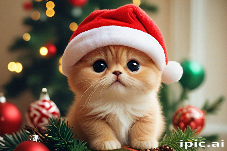 Adorable Kitten Wearing a Santa Hat Surrounded by Holiday Decorations