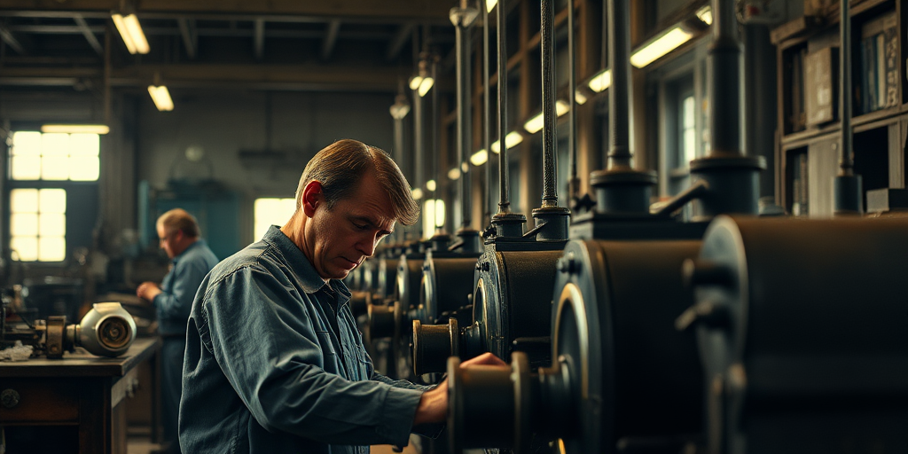 Capture a vintage factory scene featuring a worker operating machinery, illuminated by soft, dramatic lighting at f/5.6, ISO 400, shutter speed 1/125s, using a full-frame DSLR with a 50mm lens, at eye level to emphasize the worker's focus and intricate details of the machinery.