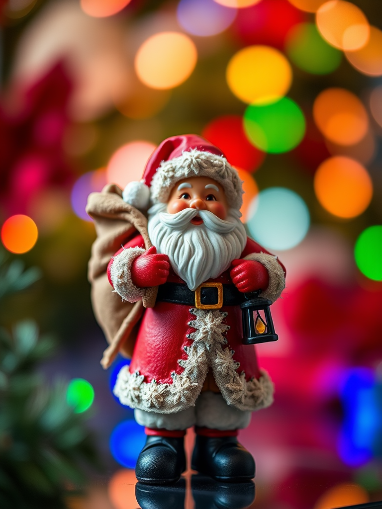 Create a highly detailed image of a festive Santa Claus figurine holding a sack and lantern, captured with a DSLR camera at f/2.8 aperture, ISO 100, 50mm lens, in soft natural lighting, with a shallow depth of field to enhance focus on the figure and a blurred colorful background.