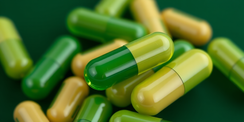 macro shot of overlapping green and beige capsules on a dark green background, f-stop 2.8, ISO 100, shutter speed 1/125 sec, natural light, DSLR camera