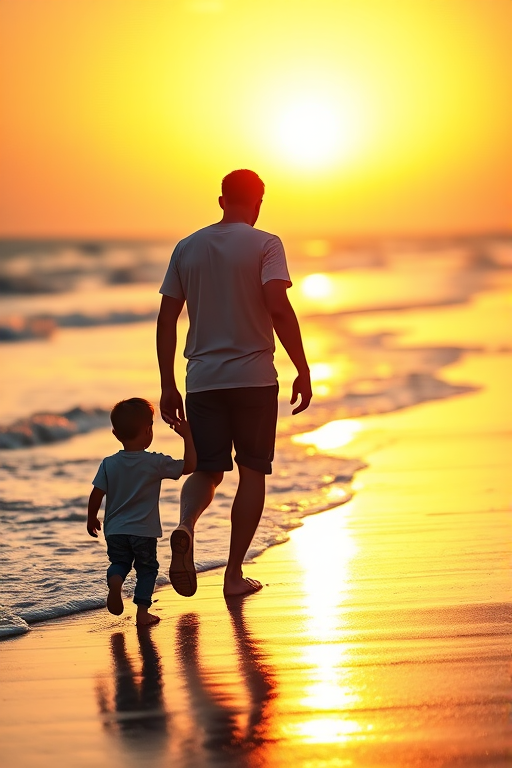 Capture a serene moment of a father and son walking hand in hand along a sunlit beach during sunset, with waves gently lapping at their feet, using a Canon EOS R5, 50mm f/1.8 lens, ISO 100, aperture f/2.8, shutter speed 1/200 sec, natural light with a warm color palette for a soft, dreamy effect.