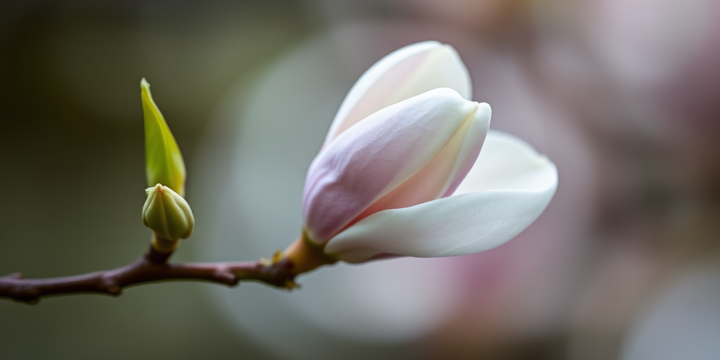 Close-up of a magnolia bud on a branch with soft focus background, f/2.8, ISO 100, 1/200s, macro lens, natural light, DSLR.