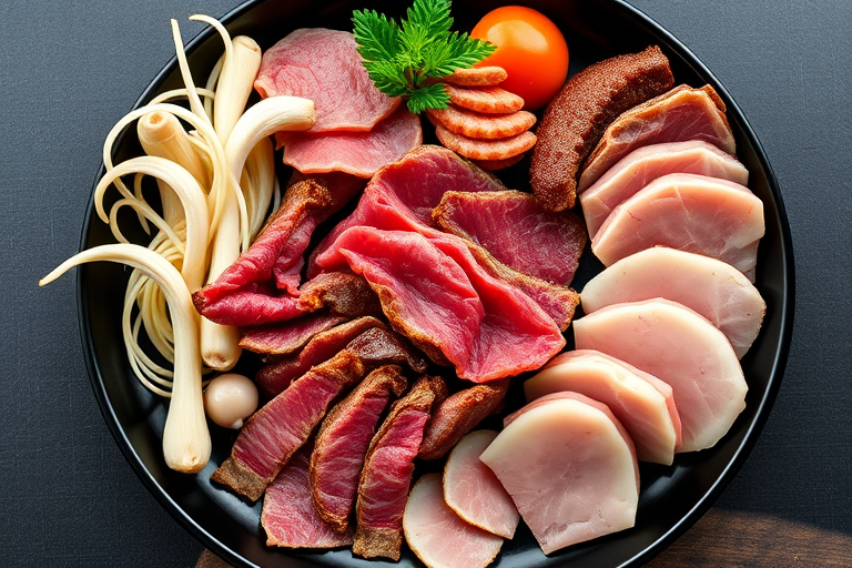 high-resolution image of a platter with thinly sliced beef, enoki mushrooms, and various cuts of meat on a black plate, natural lighting, shot with a DSLR camera at f/2.8 aperture, 50mm lens, and 1/60 shutter speed, top-down view for a clean presentation