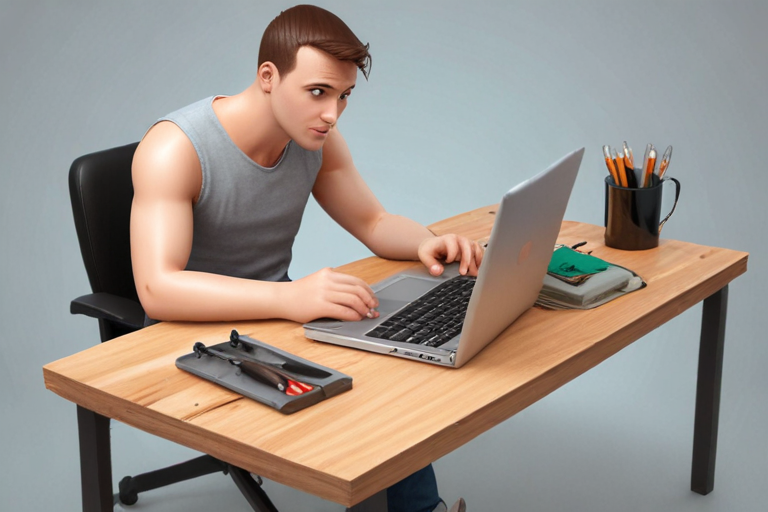 a 3d cartoon man repair laptop in table with reapring tools transparent ...
