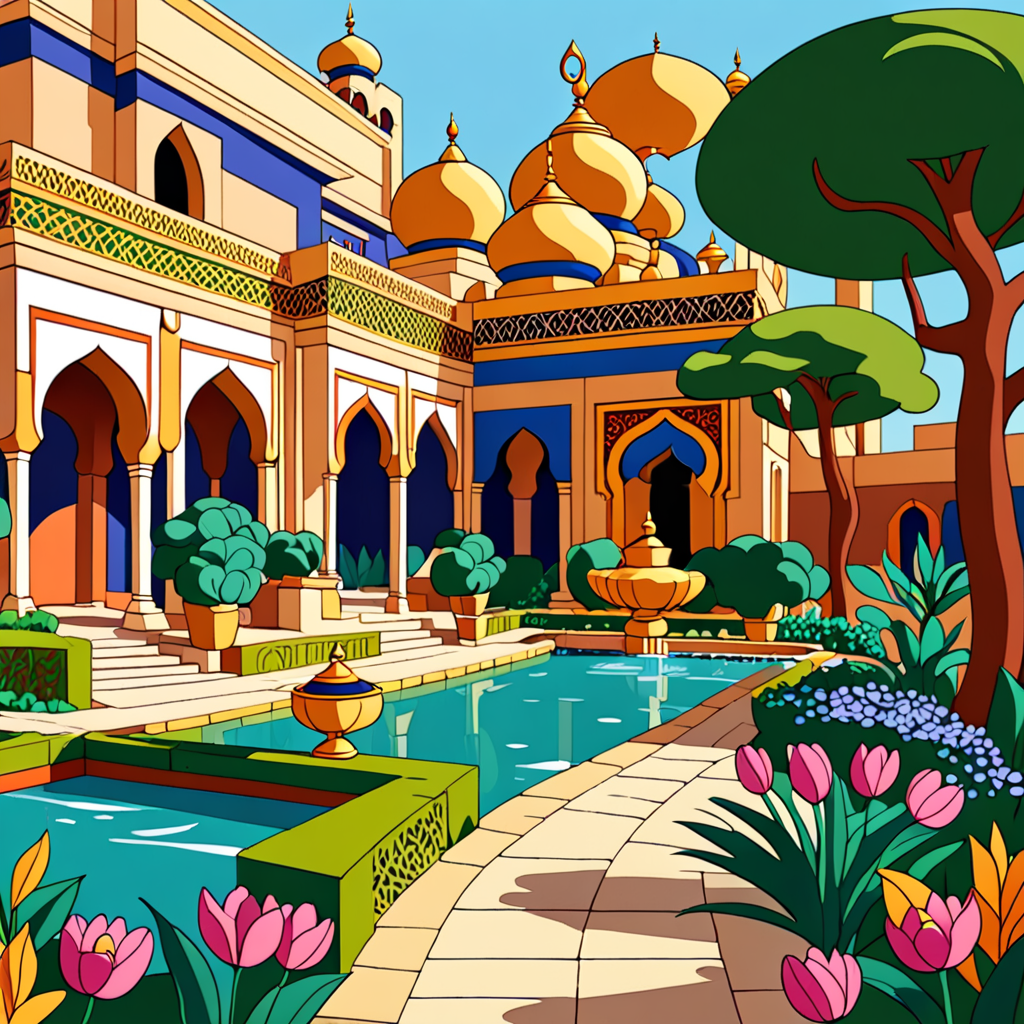 Garden of the Sultan of Agrabah from the cartoon Aladdin. Flat colors.