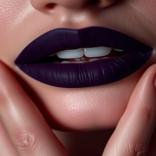 Mysterious "Midnight Velvet" matte lipstick creates an alluring deep purple shade on perfectly lined lips, ideal for dramatic evening looks and mysterious encounters
