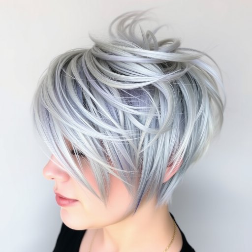 Striking silver fox pixie cut with choppy layers and a dramatic swept-back fringe, featuring metallic blue streaks named "Moonlight Serenade" radiating wisdom and grace