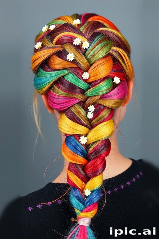 Bohemian Rainbow Braid showcasing an intricate, multi-colored Dutch braid incorporating all the colors of the rainbow, adorned with small flowers and delicate beads