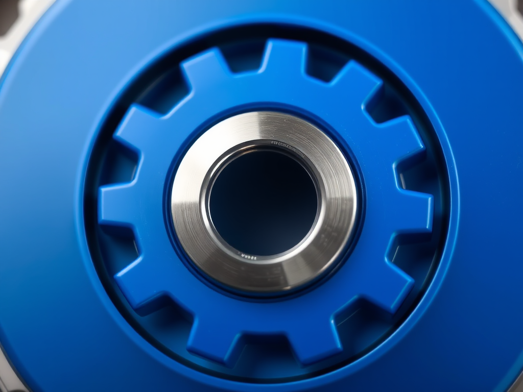 Create a high-resolution image of a blue gear icon with a shiny metallic ring in the center, using a Canon EOS 5D Mark IV with an aperture of f/4, ISO 100, and a focal length of 50mm, in a soft-focus background to enhance the gear icon's details and vibrancy.