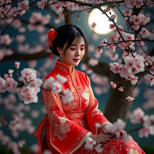 Generate an ethereal portrait of a woman in a traditional Chinese dress seated gracefully amidst blooming cherry blossoms by a moonlit tree, captured with a Canon EOS R5, 50mm lens, f/1.8 aperture, ISO 100, soft focus, natural lighting enhancing intricate details and vibrant colors.