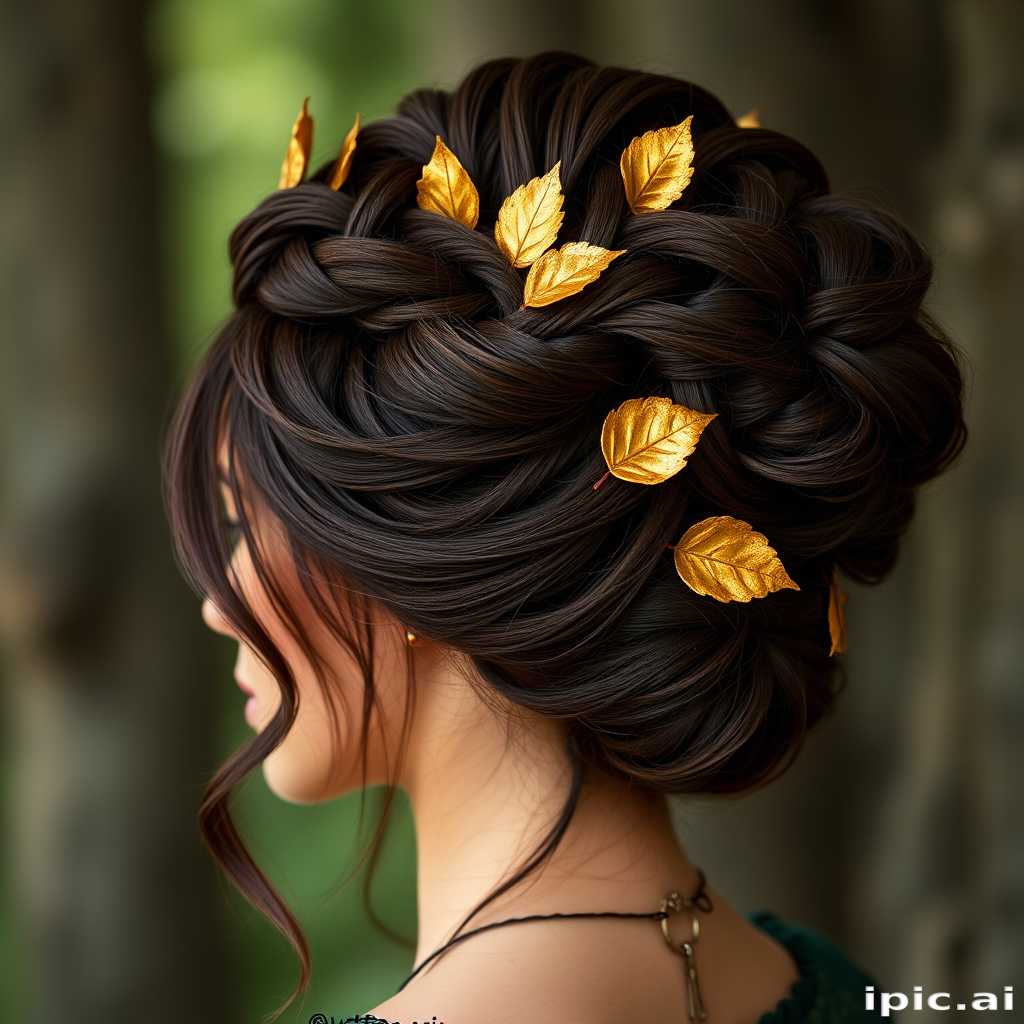 Rich chocolate brown hair styled in an elaborate updo with braided crown and cascading tendrils, embellished with golden leaves for a regal forest nymph look called Woodland Empress