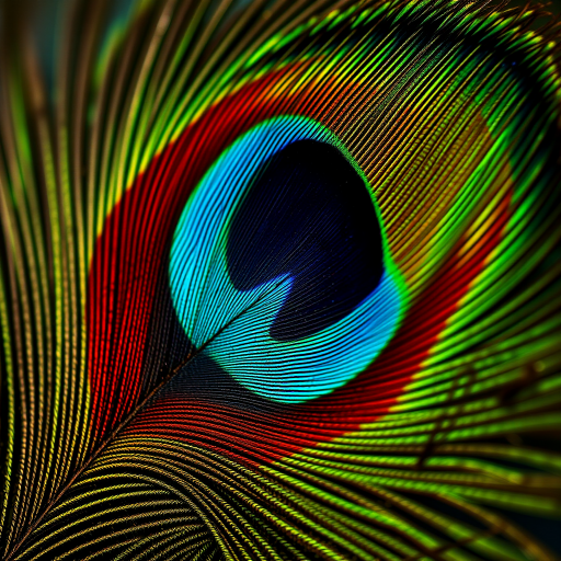 highly detailed close-up photograph of a peacock feather with vibrant colors and intricate patterns, shot with a Canon EOS 5D Mark IV, 50mm lens, f/2.8 aperture, ISO 100, natural light, shallow depth of field