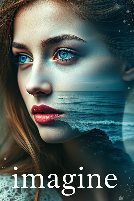 imagine Book cover, A surreal double exposure portrait that blends a woman's face with a beautiful seascape. The overall mood is dreamy and mystical, with rich colors and intricate details