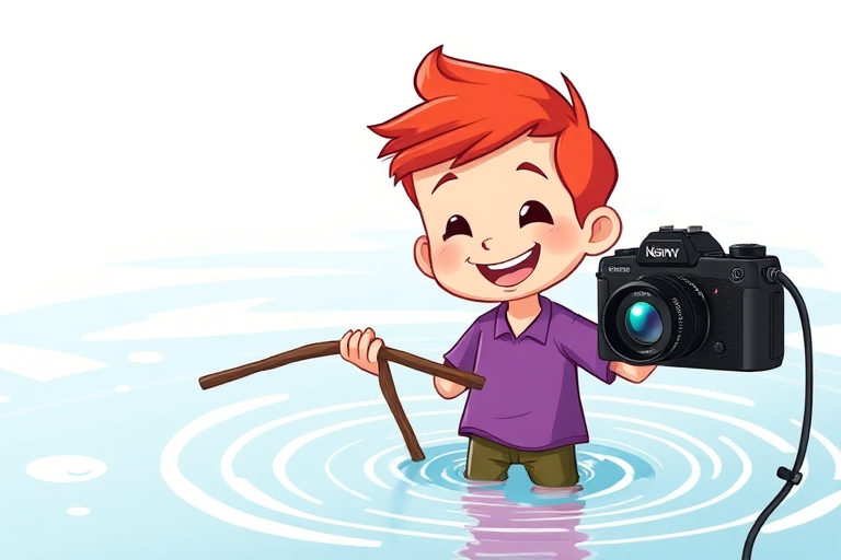 Create a colorful illustration of a cheerful cartoon boy with bright red hair, wearing a purple shirt, standing in shallow water while holding a stick, using a high-resolution digital camera with a 50mm lens, f/2.8, 1/200s, and vibrant colors for enhanced image quality.