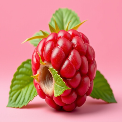 create a digital illustration of a raspberry with vibrant red color and green leaves, against a soft pink background, shot with a 50mm lens at f/2.8, ISO 100, in a studio lighting setup, using a DSLR camera for enhanced clarity and detail.