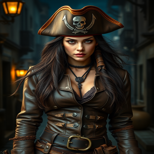 Create a portrait of a fierce female pirate. She wears a leather tricorn hat adorned with a skull and crossbones emblem, and her long, dark hair flows around her face. Her outfit consists of a richly detailed leather jacket, a corset, and multiple layers of belts and accessories, giving her a formidable and stylish appearance. She stands confidently in a dimly lit, historic port town, with a backdrop of weathered buildings and cobblestone streets, capturing the adventurous spirit of a pirate.