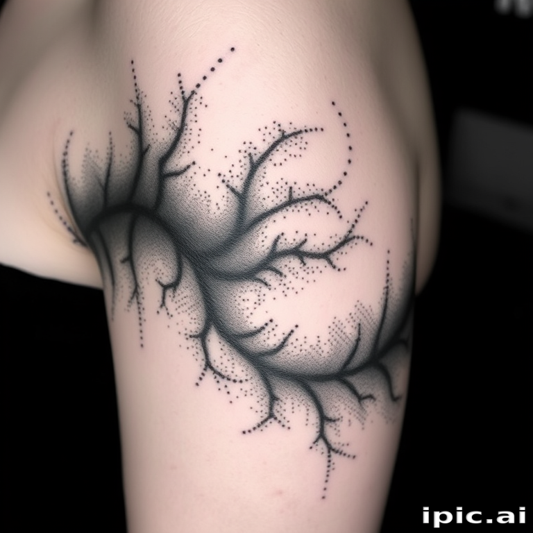 Stipple shading tattoo titled "Whispers in Shadow" using thousands of tiny dots to create intricate gradients and textures in monochromatic black ink for a subtle yet detailed effect