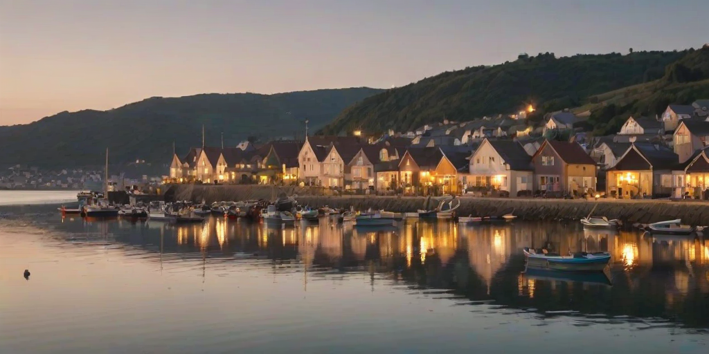 Soft-focus image of a quiet fishing village at dusk, with soft golden light reflecting off the water and small boats gently bobbing in the harbor, with houses softly blurred in the distance.