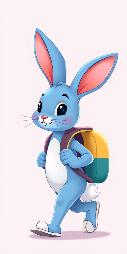 Create a colorful cartoon illustration of a blue bunny character walking with a backpack, set against a soft pastel background, using a DSLR camera at f/4 aperture, ISO 100, 50mm lens, with a shallow depth of field for a crisp focus on the bunny.