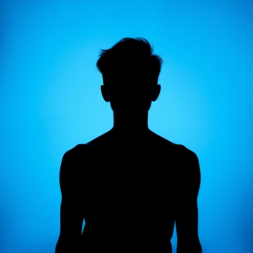 Create a glowing human silhouette against a smooth blue background using a DSLR camera with a 50mm lens, f/1.8 aperture, ISO 100, shallow depth of field for emphasis, shot from a frontal view, soft lighting.