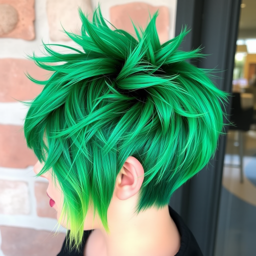 Emerald green pixie cut with choppy layers and a spiky crown, called "Evergreen Punk," featuring darker jade lowlights and a shimmering lime green fringe