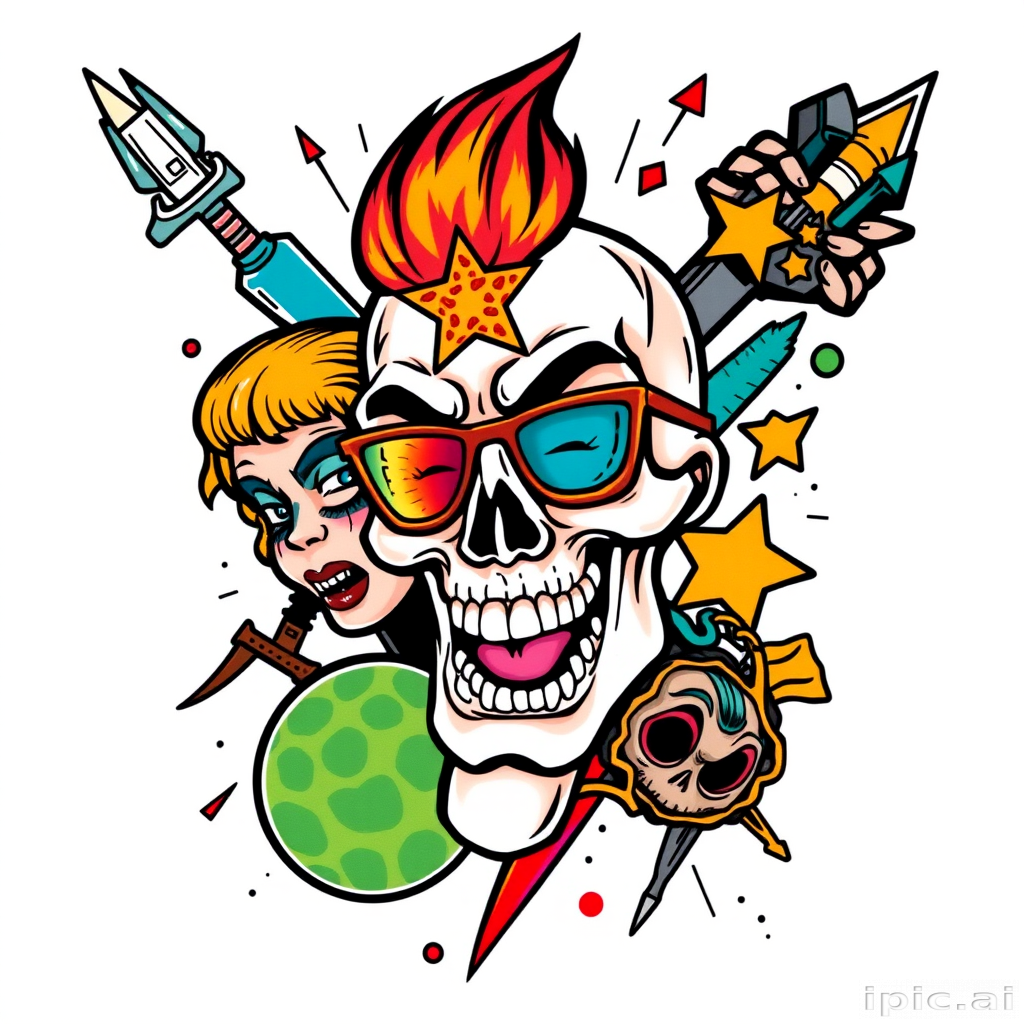 New school tattoo "Pop Culture Fusion" combining bold, cartoonish elements with exaggerated features and vibrant colors to create a playful mashup of iconic characters and symbols