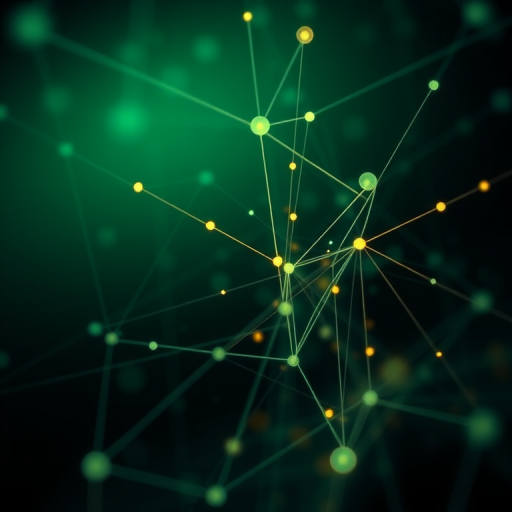 Generate an abstract image of a network of interconnected lines and dots in a dark green gradient background, shot with a Canon EOS R5 at f/2.8, ISO 100, and a 50mm lens, using a low-angle view and shallow depth of field to enhance the sense of depth and detail.