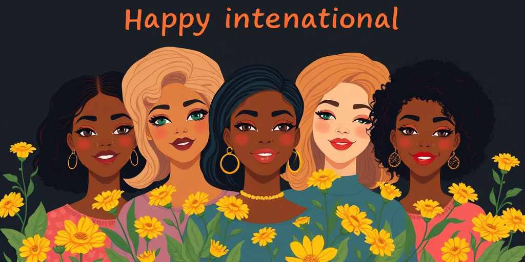Create a vibrant digital illustration celebrating International Women's Day featuring five diverse women with unique hairstyles and expressions, surrounded by yellow flowers and green foliage, set against a dark background, captured with a Canon EOS R5, 85mm f/1.4 lens, aperture f/2.8, ISO 200, in a soft focus style to emphasize the subjects.