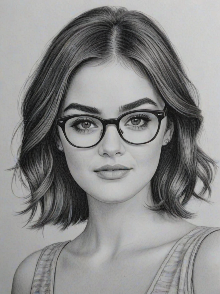 Enticing Lucy Hale, pencil sketch, portrait of Sublime woman 1948s in glasses, hair style beatnik, outline, clear lines, fine lines, 8k