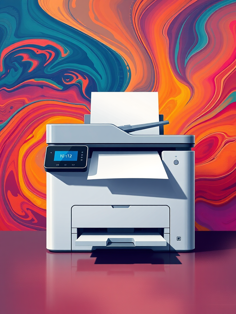 Create a high-resolution digital illustration of a modern printer with an open paper tray, set against a vivid abstract background with swirling colors, using a 50mm lens at f/2.8, ISO 100, and a slight vignette to enhance focus on the printer, capturing a dynamic and artistic perspective.